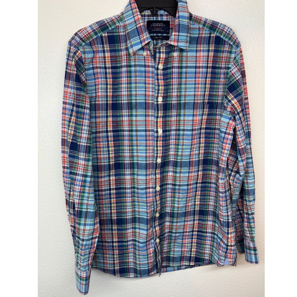 Charles Tyrwhitt Weekend Slim Fit Plaid Button Down Shirt Mens Medium Blue Multi